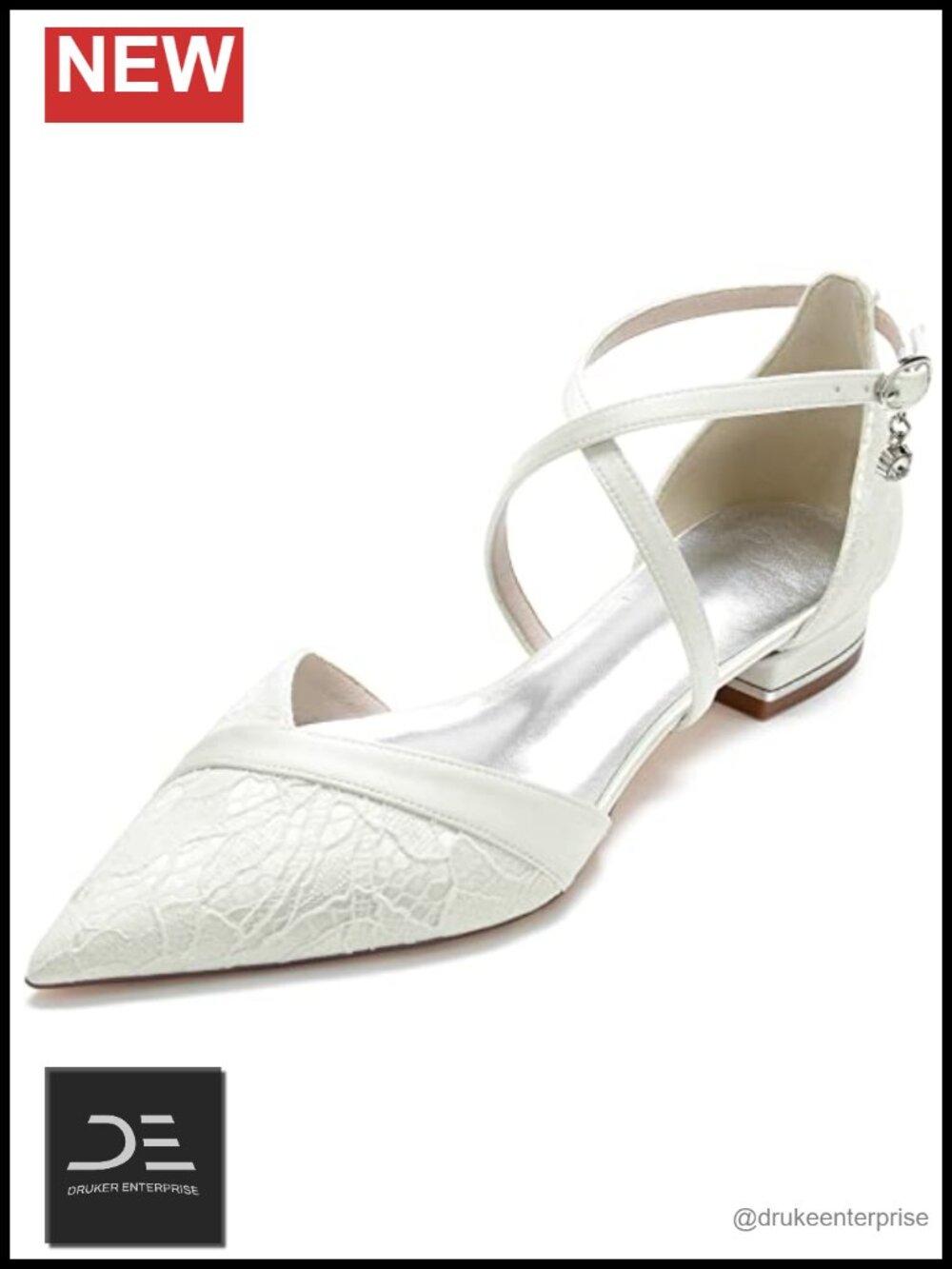 Lace Pointed Toe Wedding Flats for Bride Low Heel Strappy Bridal Shoes
